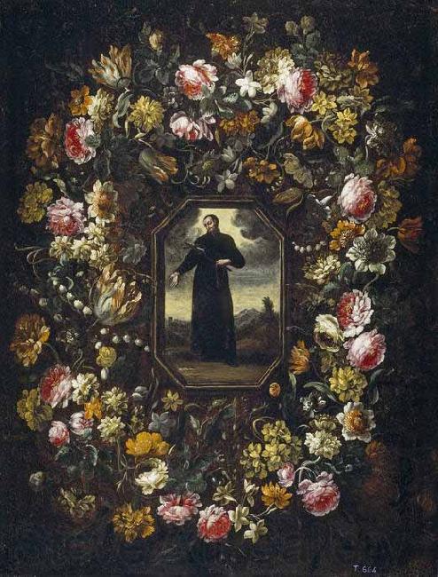 Bartolome Perez Guirnalda de flores con San Francisco de Borja Norge oil painting art